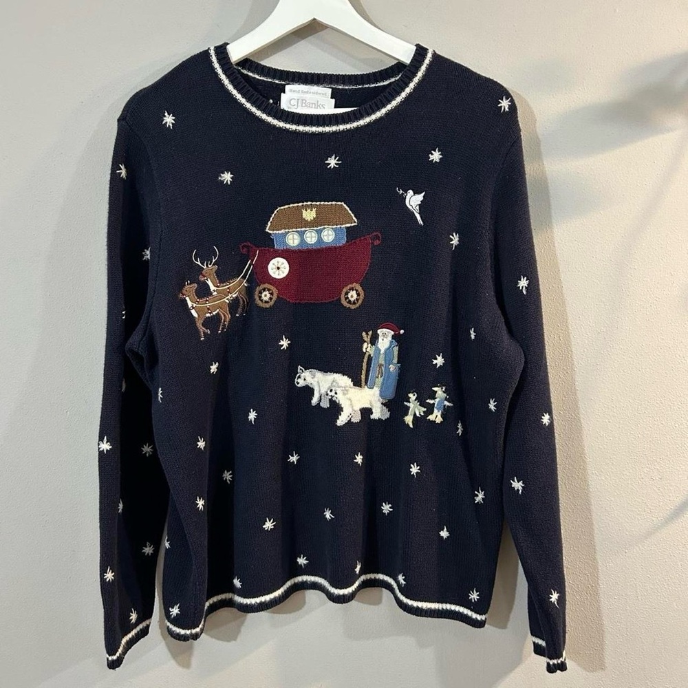 Christopher & Banks Hand Embroidered Holiday Festive Santa Sweater Women's 1X